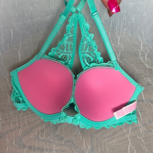 3/$20💥 Victoria’s Secret PINK Bra Teal Blue Lace Date Racerback Padded Push Up - Picture 13 of 14